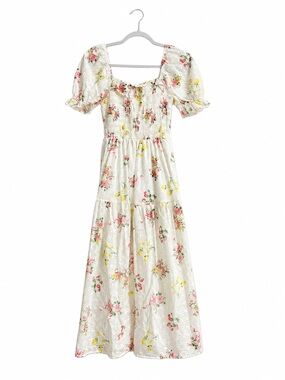 Floral Eyelet Puff-Sleeve Midi Dress - White with Pink & Yellow Flowers
